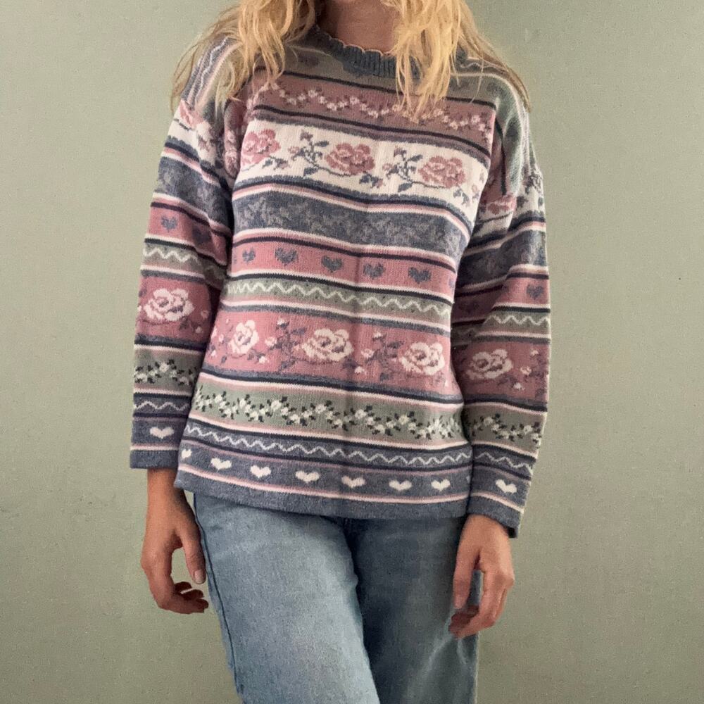 Vintage Floral Sweater Pastel Pink Blue Cute Nordic Grandma Cottage Aesthetic